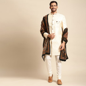 Men White Woven Design Sherwani Set